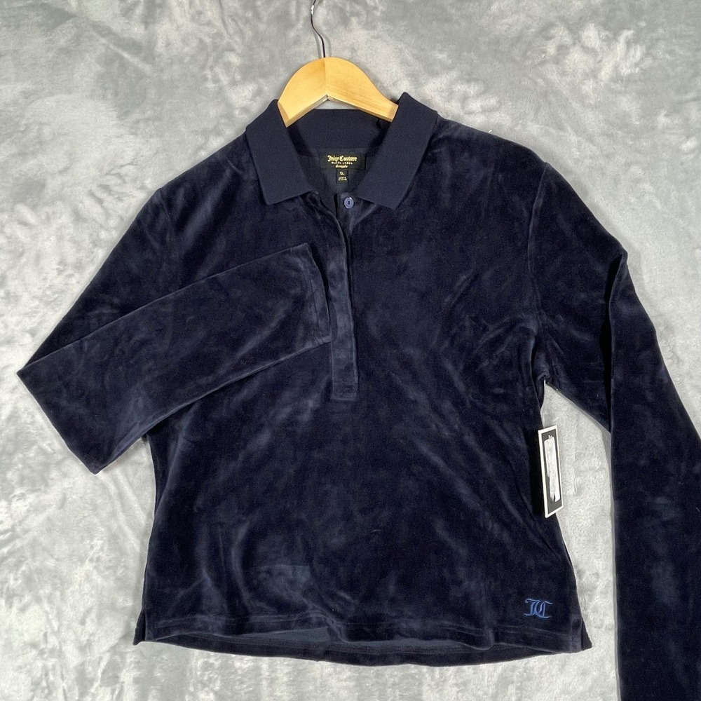 Juicy Couture Black Label Navy Blue Velour Long Sleeve Polo Shirt XL NEW
